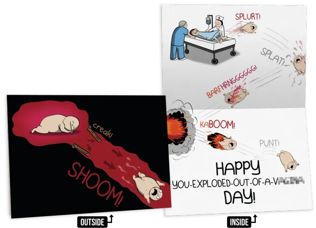 Exploding Kittens Flying Newborn biglietto compleanno NSFW