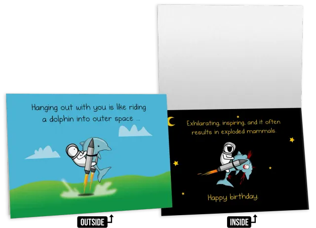 Exploding Kittens Dolphin Space biglietto compleanno NSFW
